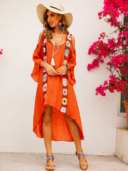 Boho Crochet Cold Shoulder Dress Loose V Neck Beach Holiday Dress
