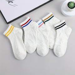 5 Pairs 3D Textured Socks Soft Striped Trim Short Socks Women's Stockings