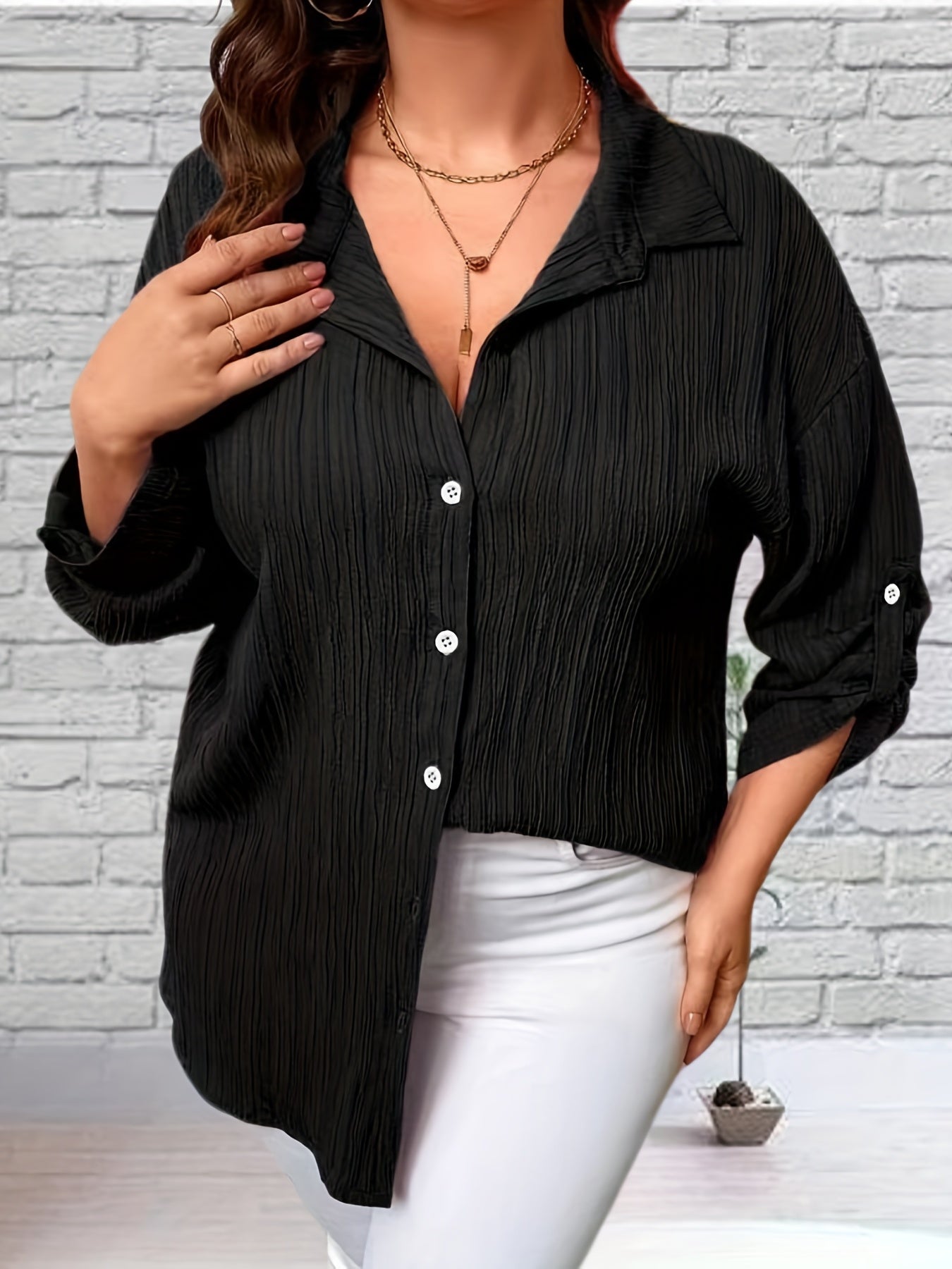 Button Up Roll Up Sleeve Blouse