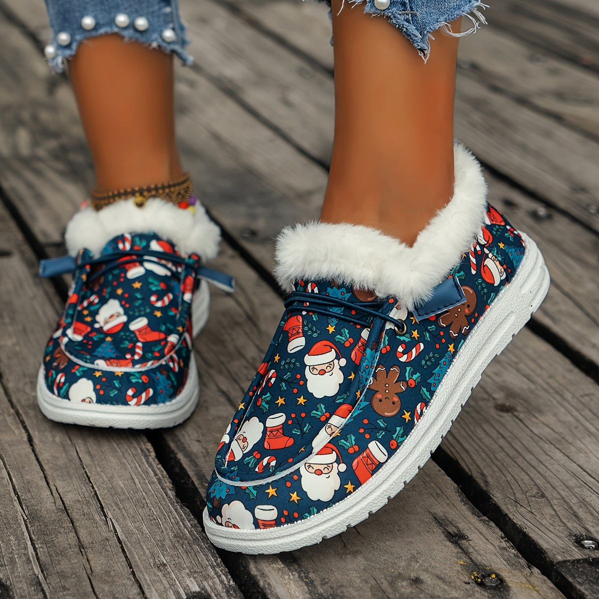 Women's Christmas Style Snow Boots with Santa Gingerbread Patterns