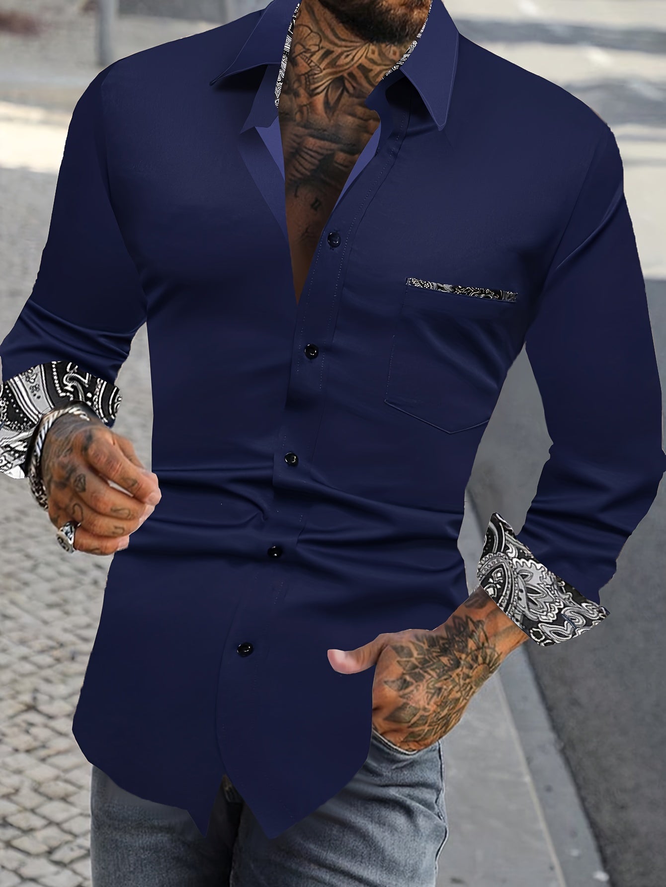 Paisley Print Collar Men's Casual Button Up Long Sleeve Shirt