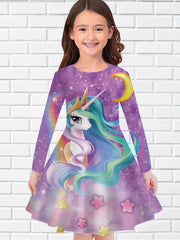 Girls 3D Rainbow Unicorn & Star Print Dress For Party Kids Gift