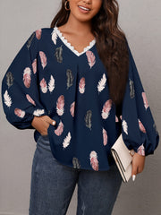 Feather Print Lantern Sleeve V Neck Casual Blouse