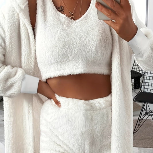Solid Fleece 3-Piece Outfit: Coat, Tank Top & Shorts