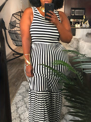 Casual Tank Dress Women's Plus Stripe Print Round Neck Maxi Dress