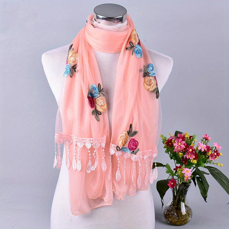 Flower Embroidery Tassel Scarf Boho Lace Shawl Head Wrap