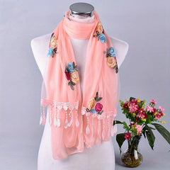 Flower Embroidery Tassel Scarf Boho Lace Shawl Head Wrap