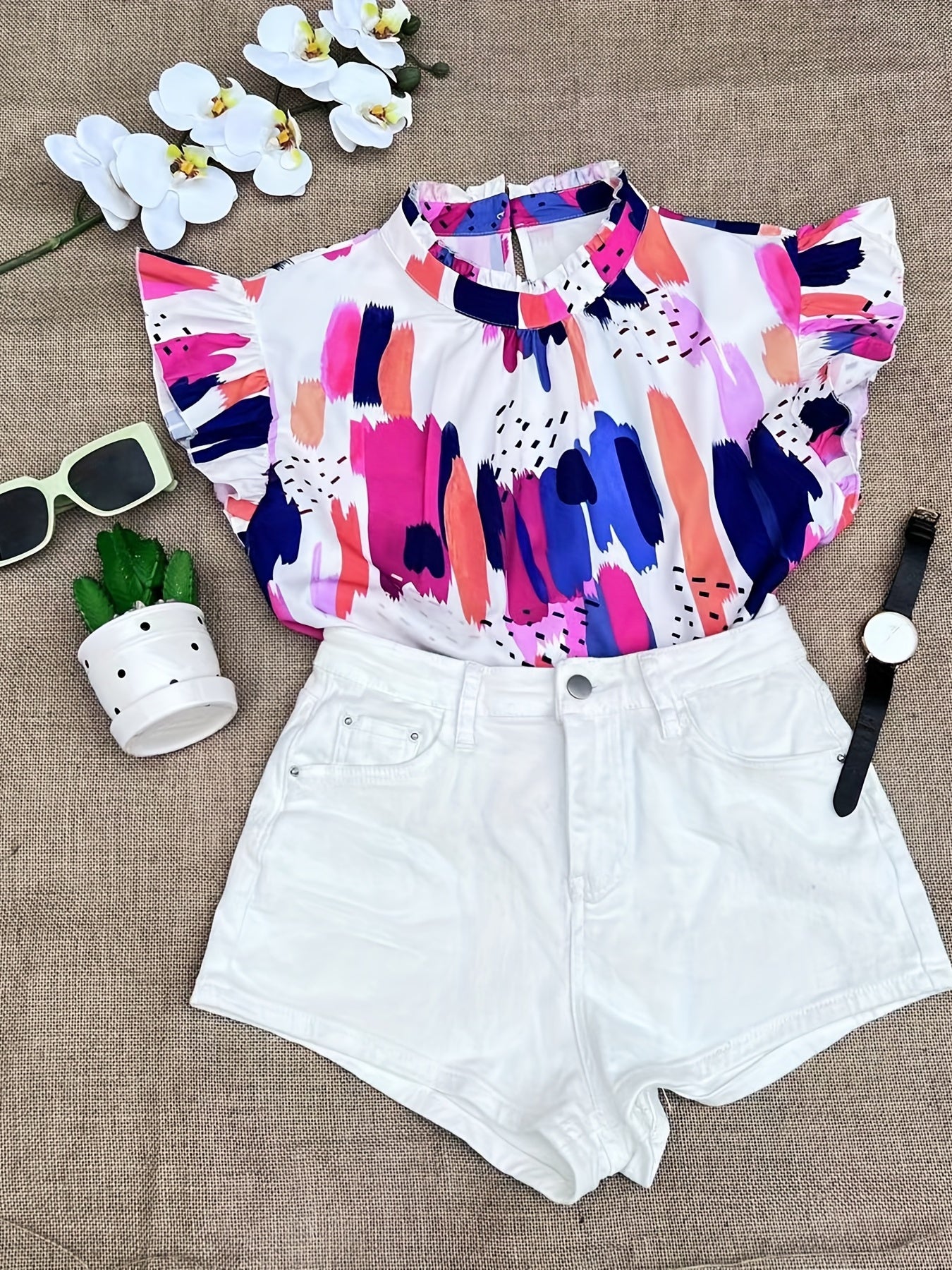 Casual Blouse Women's Plus Random Print Ruffle Sleeve