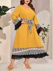 Colorblock Geo Print Fringe Trim Maxi Dress