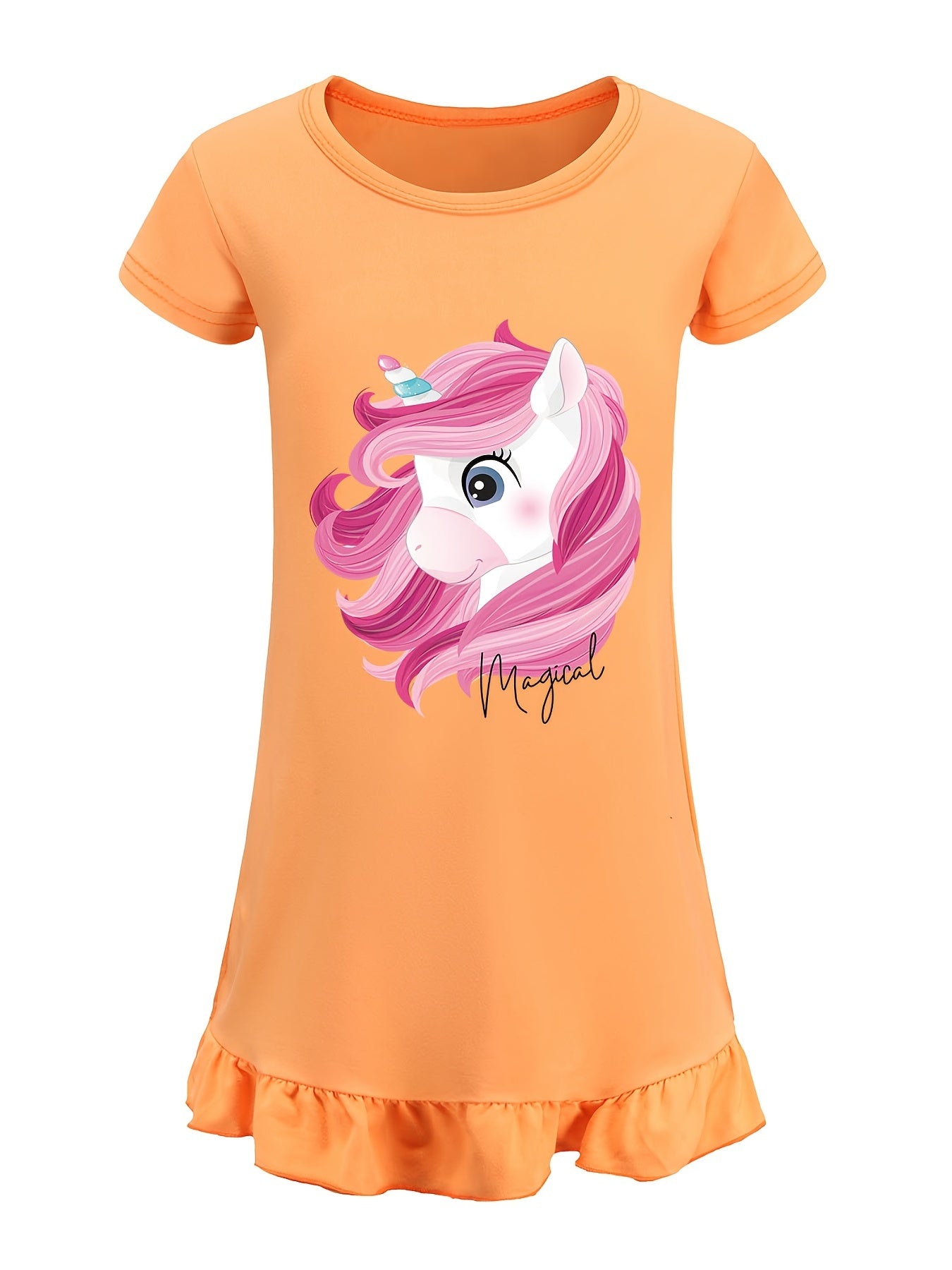 Toddler Girl's Unicorn Print Nightgown Ruffle Short Sleeve Nightdress