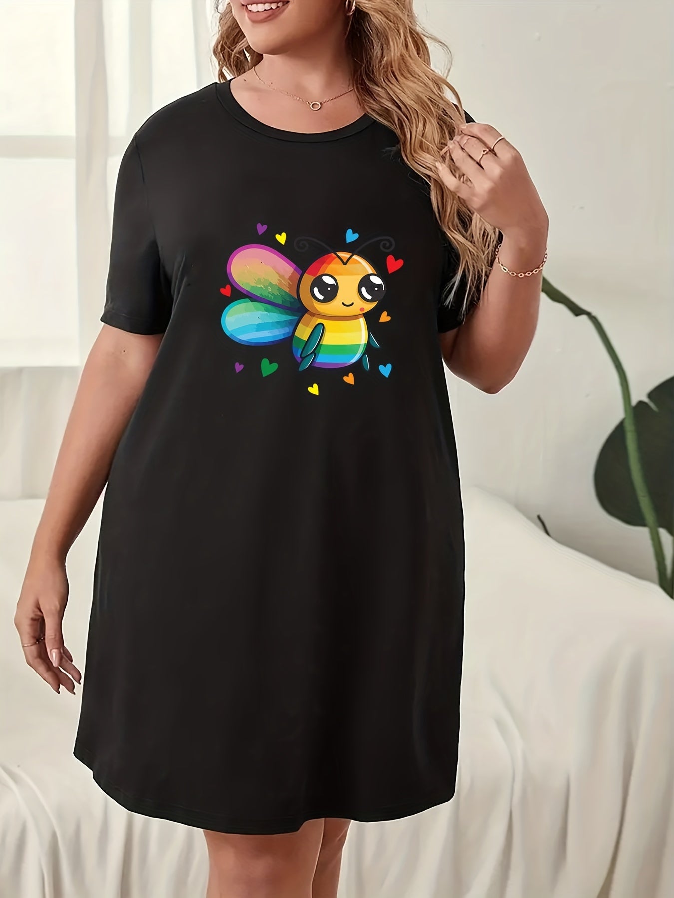 Bee & Heart Print Nightdress Round Neck Short Sleeve Sleep Dress