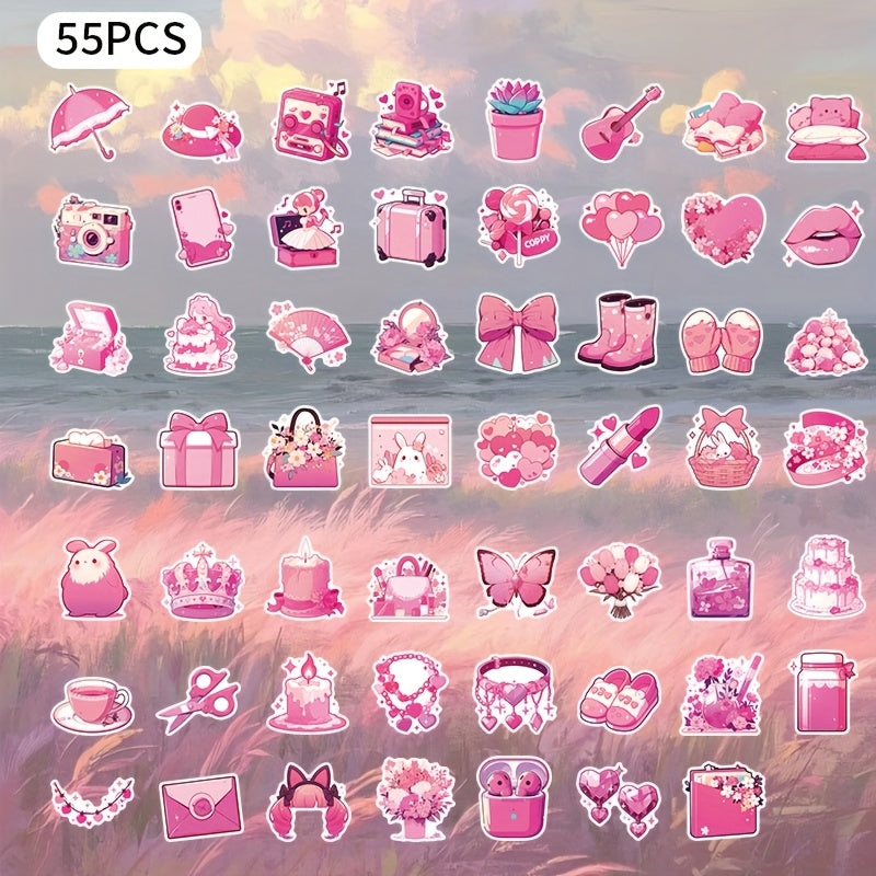 55 Girly Pink PVC Stickers Cartoon Designs Self Adhesive Vinyl Decals