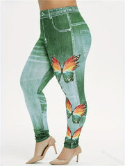 Butterfly Print Faux Denim Sports Leggings High Stretch Workout Tight Pants