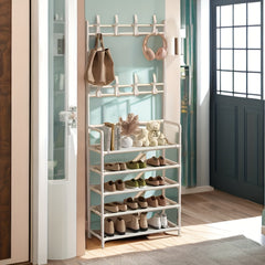 Sturdy Freestanding Metal Coat Rack Shoe Rack w/ Multifunctional Storage Rack