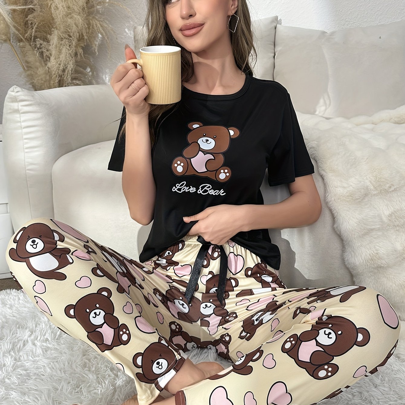 Bear Print Pajama Set Short Sleeve Top & Pants