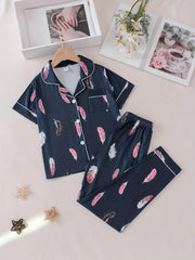 Girls Feather Graphic Button Pajama Set Short Sleeve Top & Pants Sleepwear