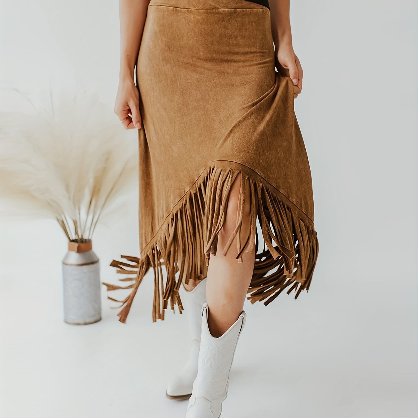 Tassel High Waist Midi Skirt Vintage Style Women's Clothing