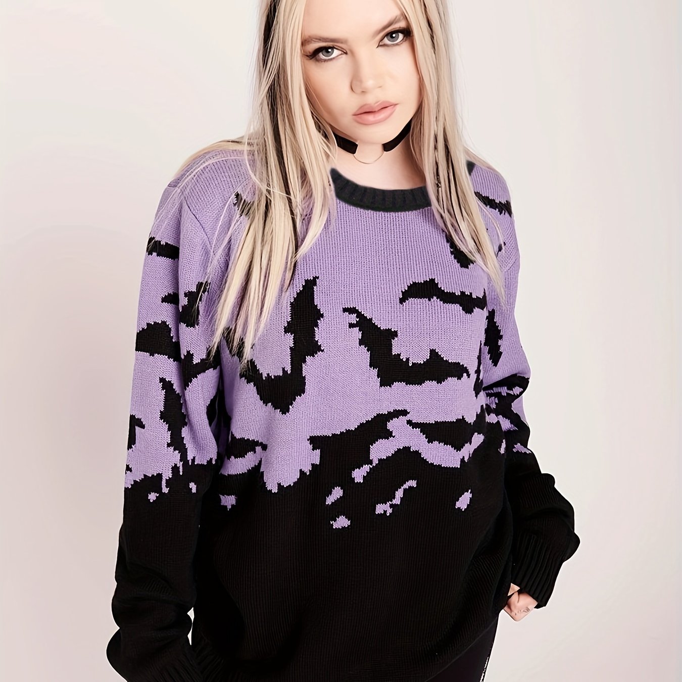 Halloween Batwing Pattern Sweater Long Sleeve Crew Neck Pullover