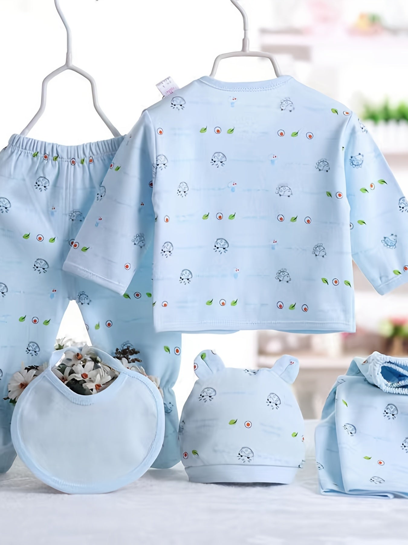Cute Baby Girl 5pc Outfit Set Cartoon Top Pants Hat Bib