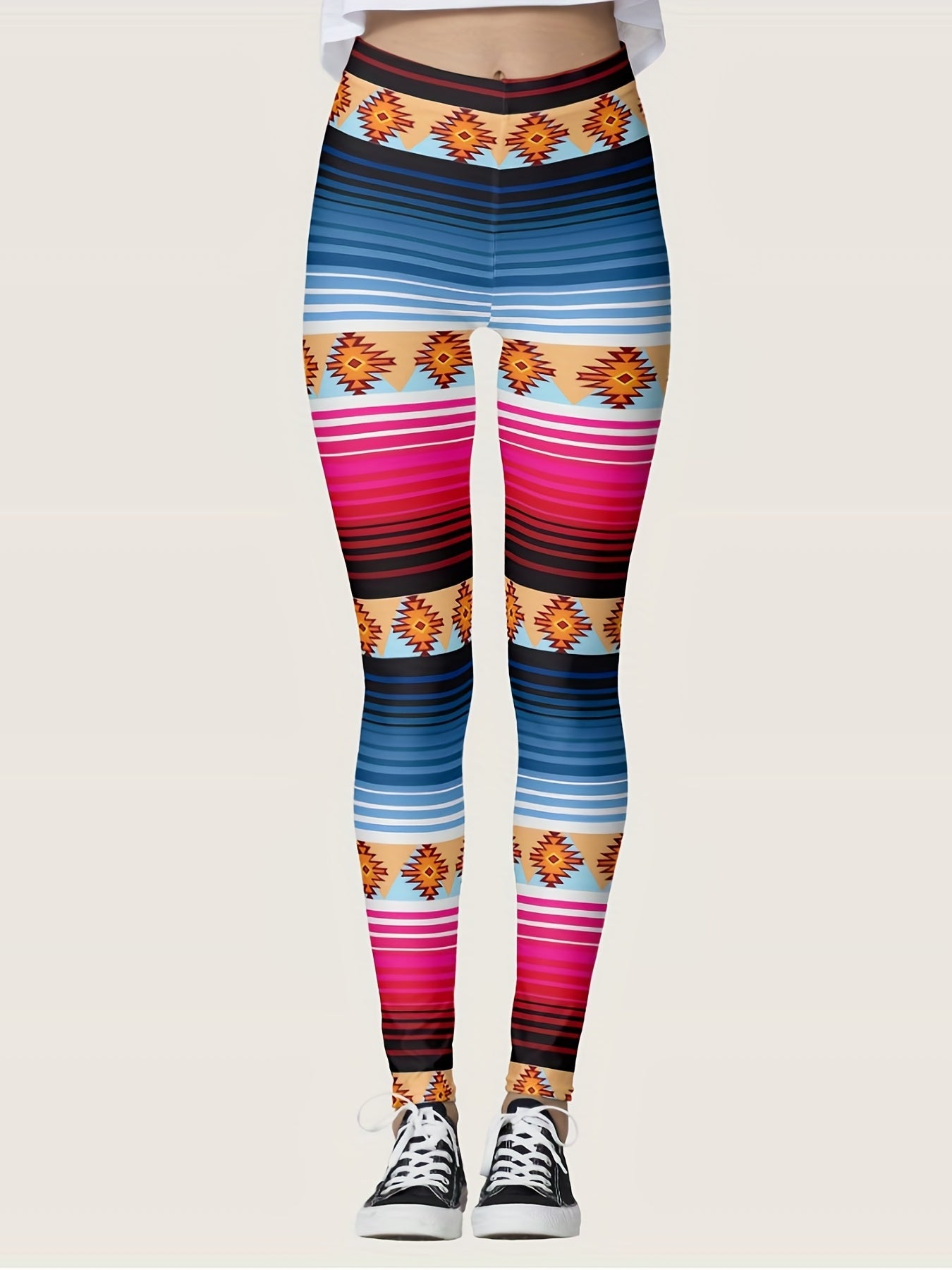 Rainbow Stripe Yoga Leggings High Waist Workout Tights Women's Activewear