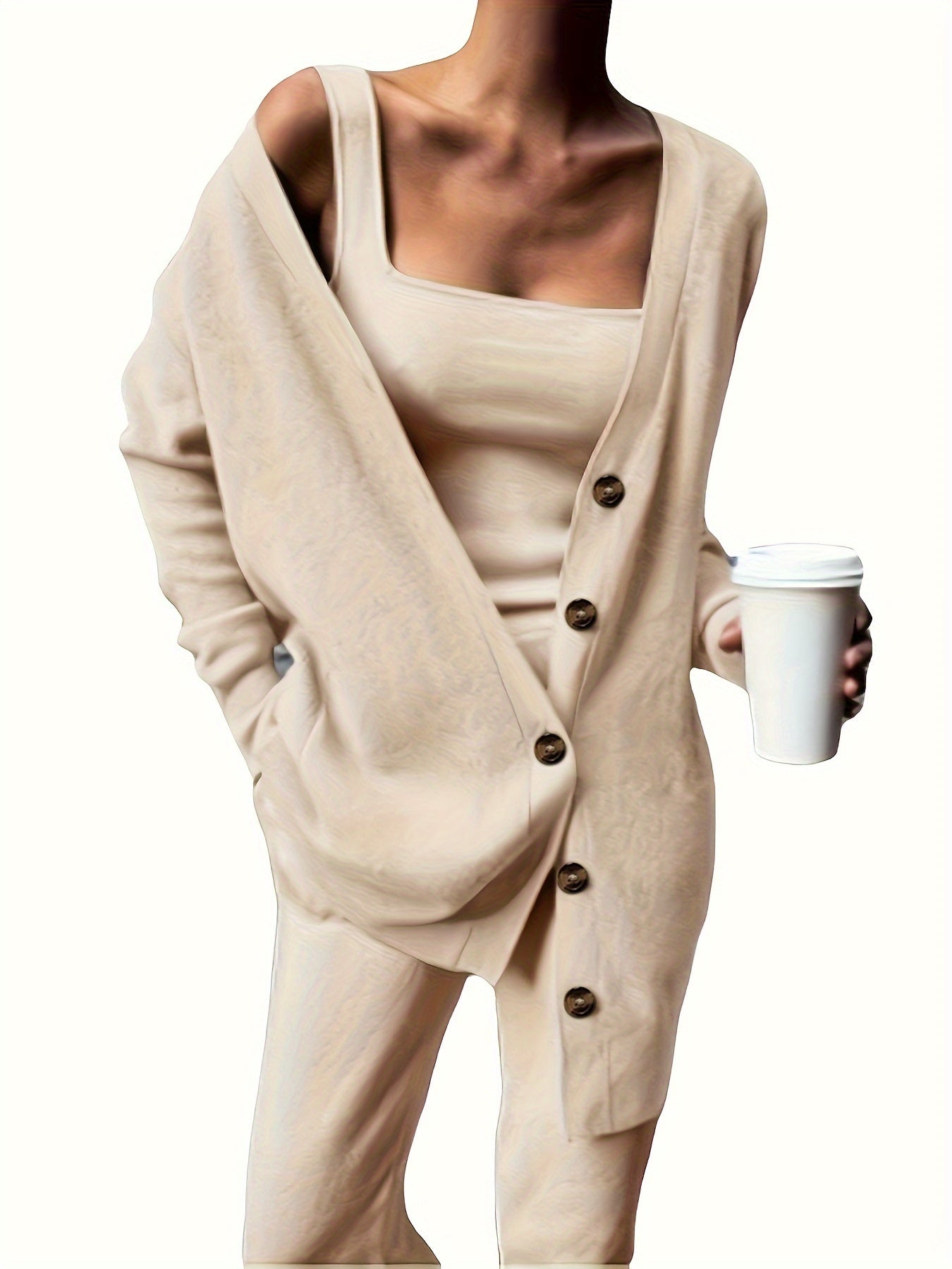 3 Piece Casual Outfit Set: Ribbed Cardigan, Tank Top & Pants