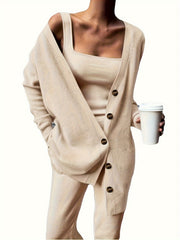 3 Piece Casual Outfit Set: Ribbed Cardigan, Tank Top & Pants