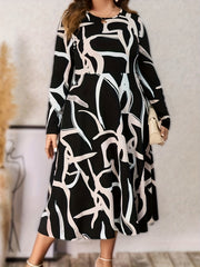 Abstract Stripe Print Long Sleeve A line Dress