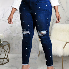 Pearl Decor Ripped Fringe Skinny Jeans