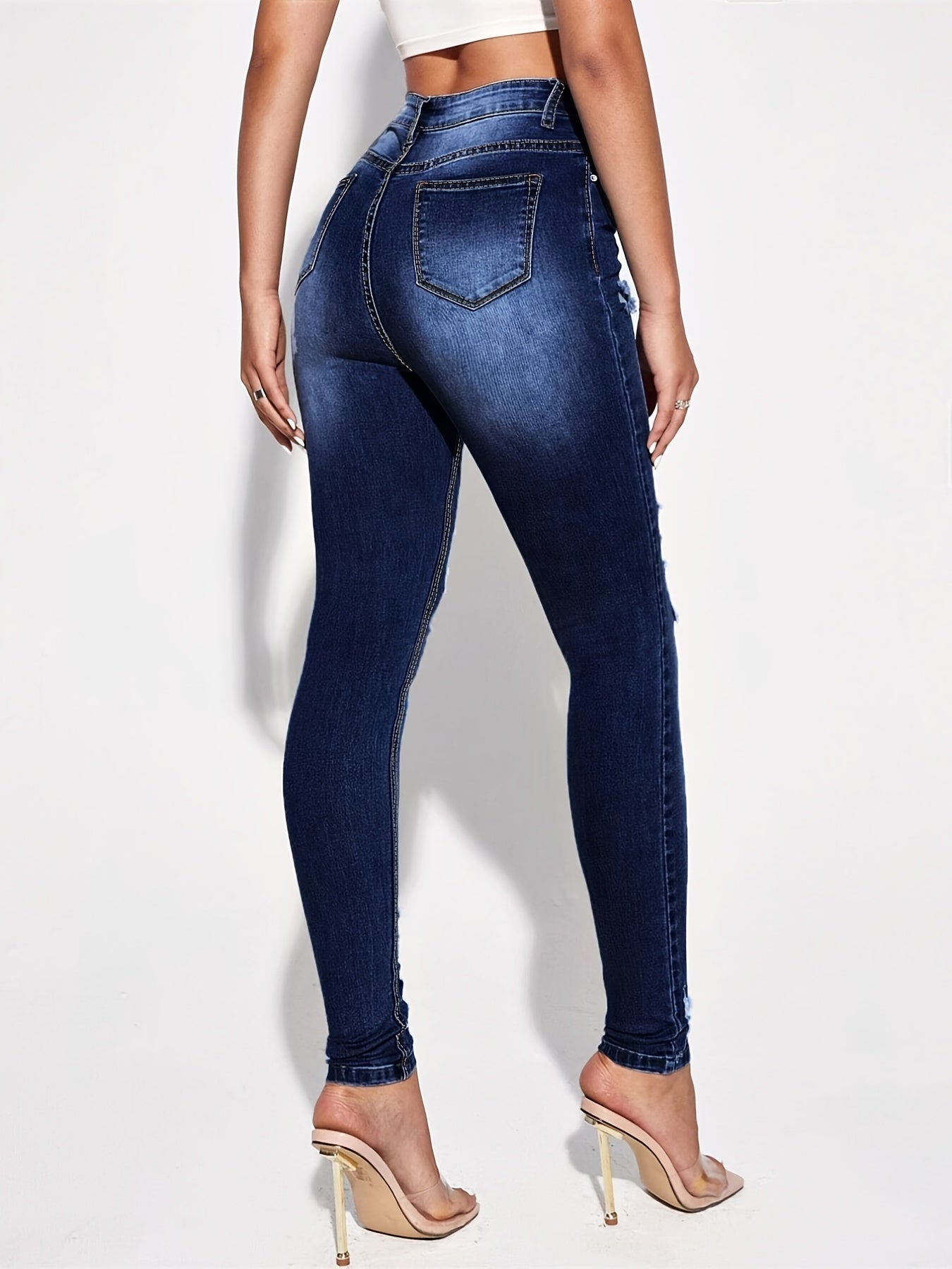 High Rise Ripped Skinny Jeans Distressed Washed Slash Pocket