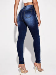 High Rise Ripped Skinny Jeans Distressed Washed Slash Pocket