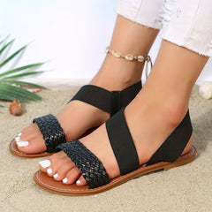 Women's Braided Strap Flat Sandals Open Toe Elastic Slip On Shoes