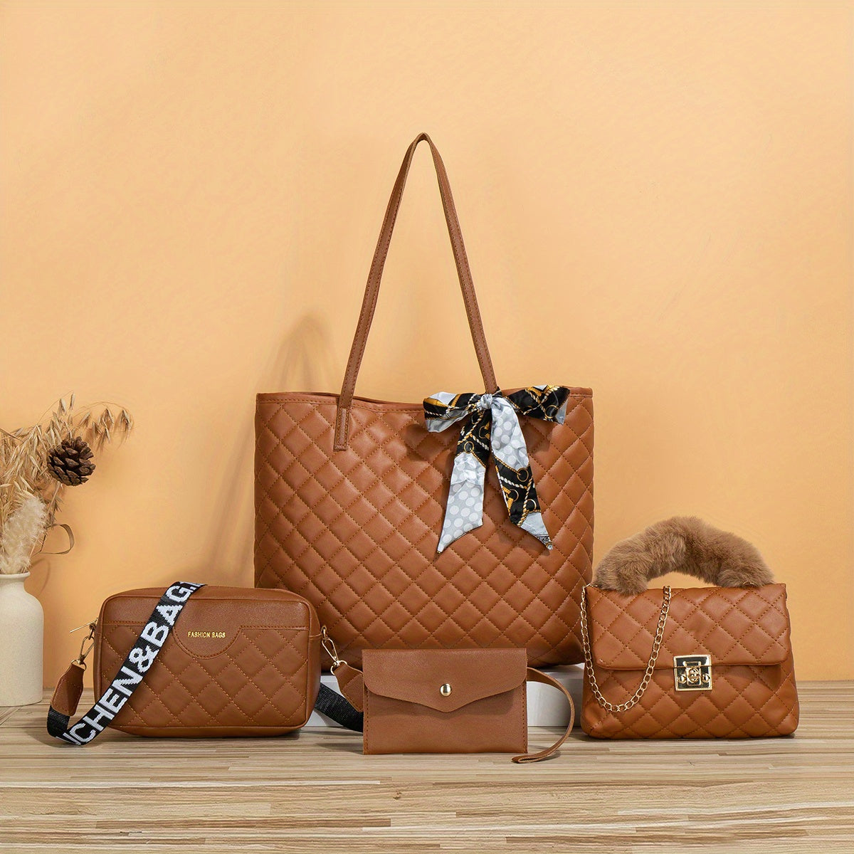 4-Piece Quilted Bag Set: Tote, Chain Bag, Purse, Crossbody w/ Scarf