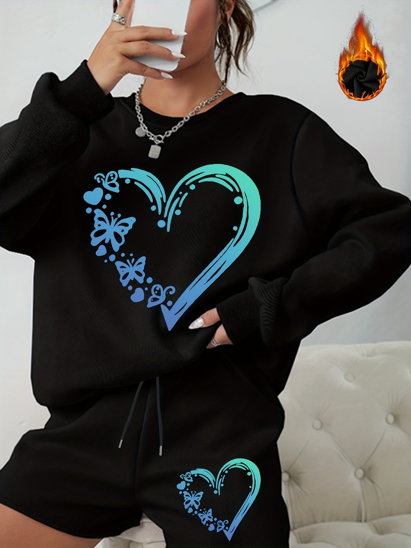 Heart & Butterfly Print Sweatshirt & Shorts 2 Piece Set