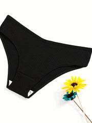 4pcs Ribbed Solid Briefs Comfy & Breathable Intimates Panties