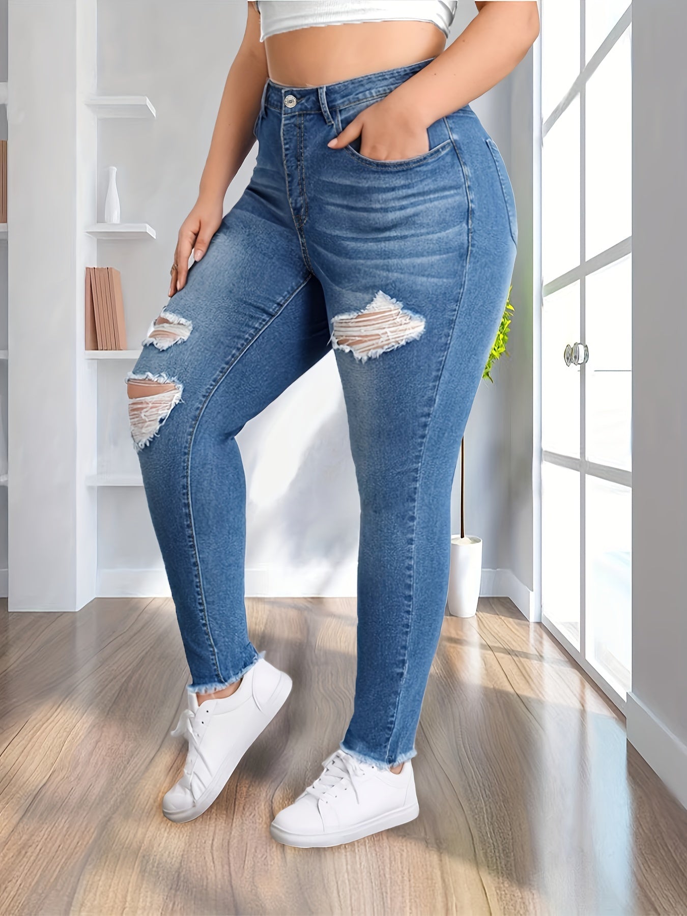 Women's Plus Stretch High Rise Button Fly Fringe Skinny Jeans