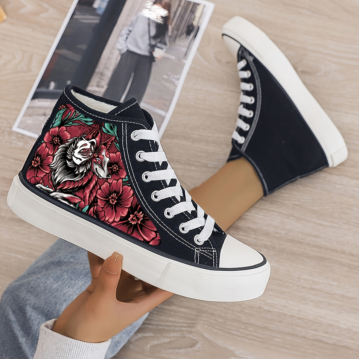 Flower Print Plush Lined Thermal Chunky Canvas Sneakers