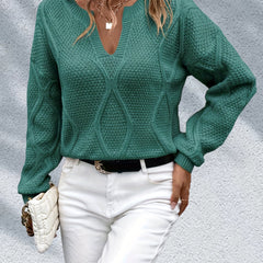 Solid Notched Neck Long Sleeve Sweater for Fall & Winter