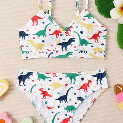 2pcs Dino Print Swimsuit Set For Girls