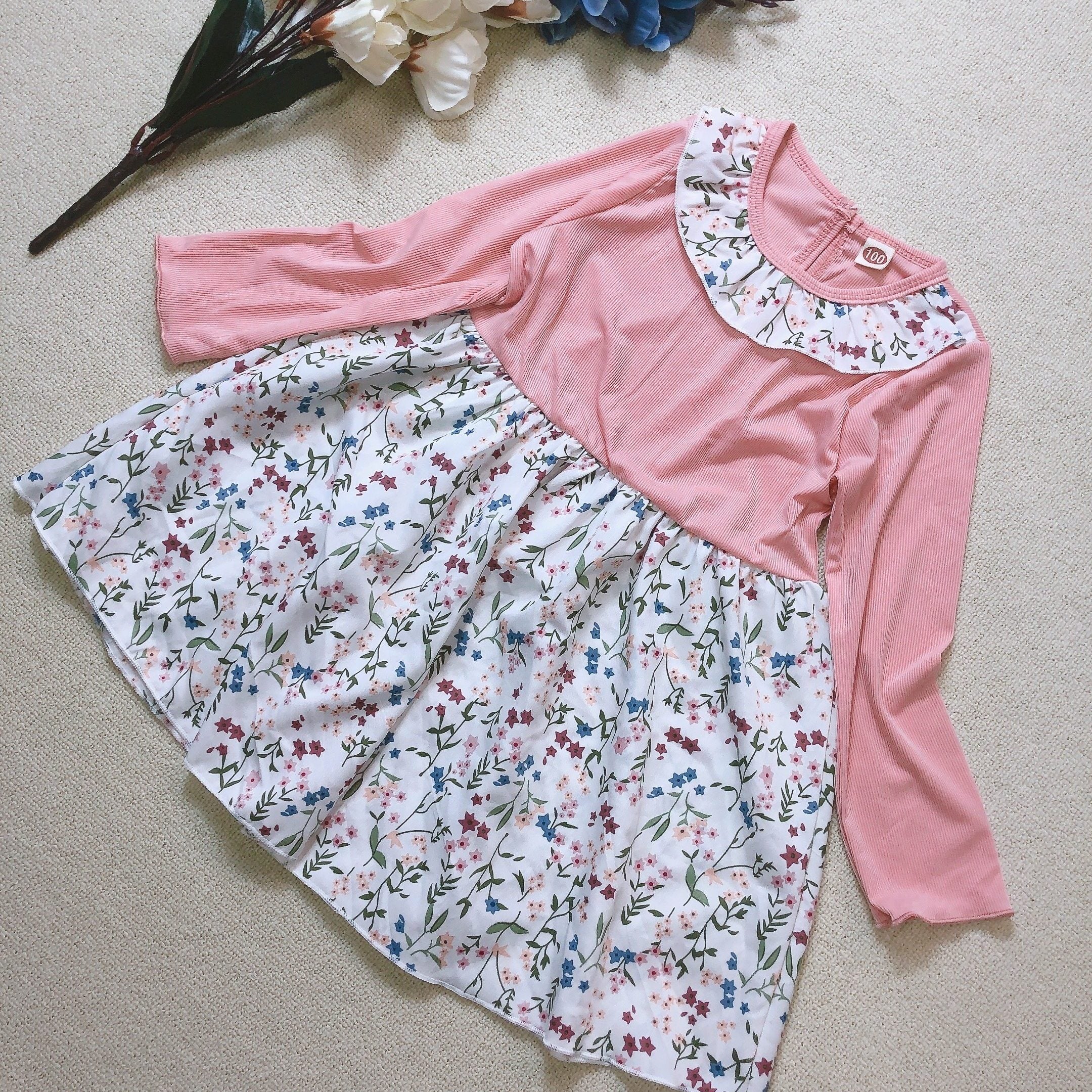 Floral Ruffle Collar Long Sleeve Dress For Girls