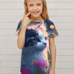 Dreamy Flower Cat Graphic Short Sleeve T shirt Girls Versatile Pullover Tops