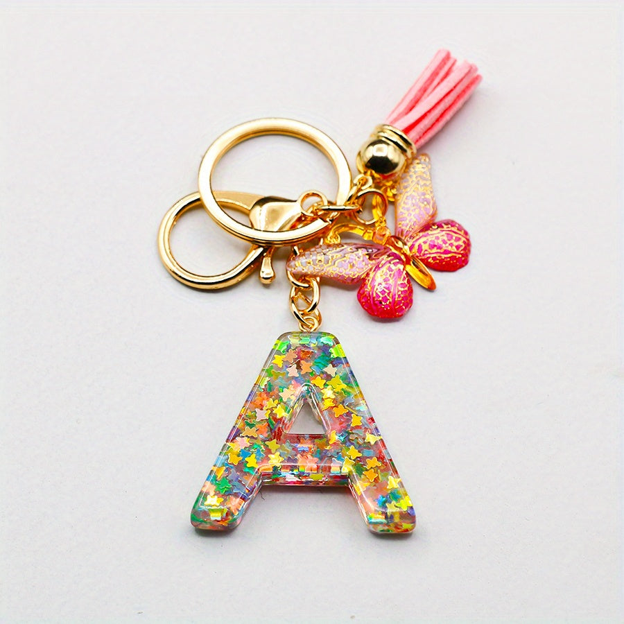 Initial Letter Keychain Resin Butterfly Pendant Tassel Backpack Ornament
