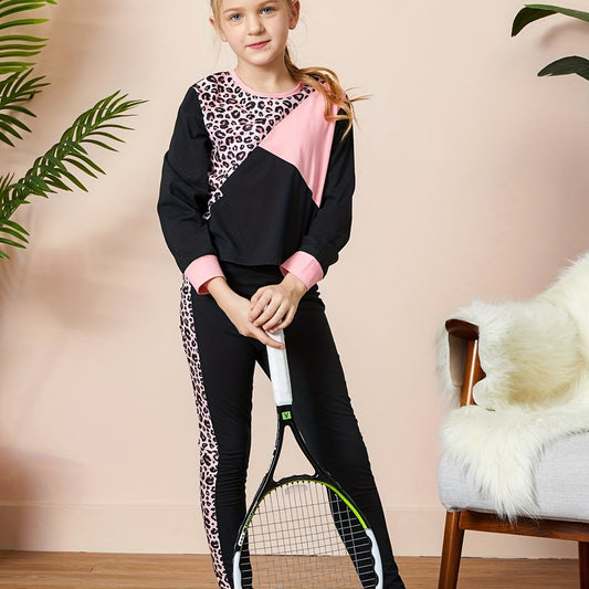 Girls Pink Leopard Colorblock Long Sleeve Sports Suit