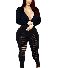Destroyed Legs Curvy Skinny Jeans High Waist Stretchy Denim Pants