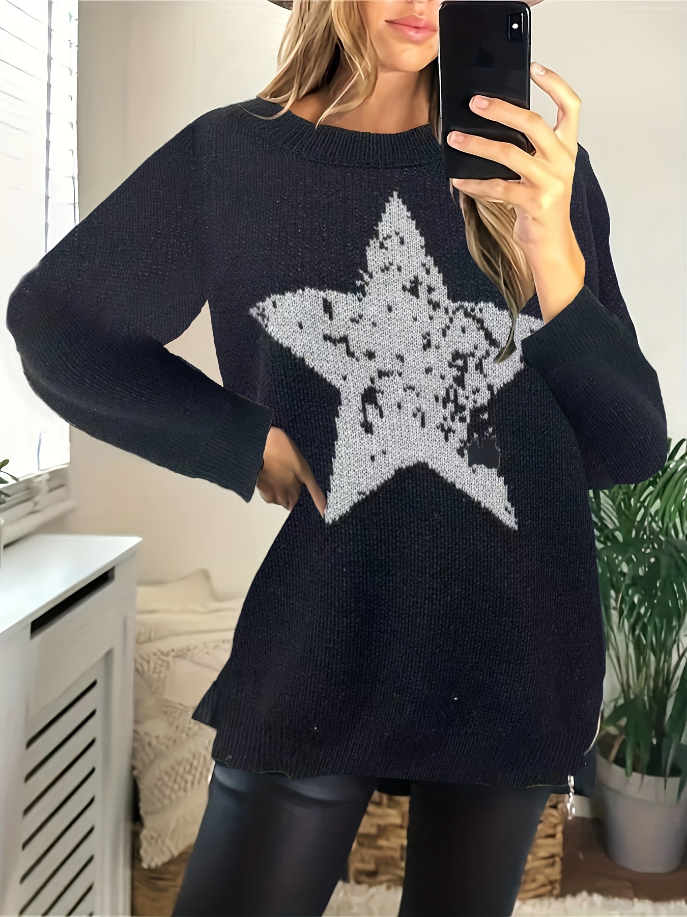 Casual Star Print Round Neck Tunic Sweater