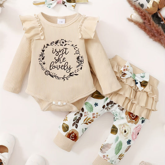 Baby Girls Outfit Lovely Print Romper Bow Skirt Pants Headband 3pcs Set