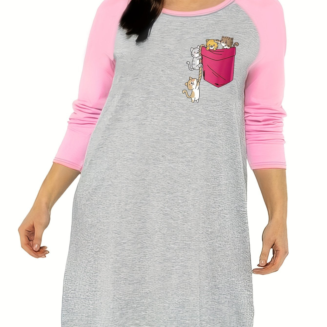 Nightdress with Pocket & Cats Print Raglan Sleeve Tee