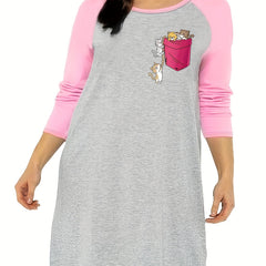 Nightdress with Pocket & Cats Print Raglan Sleeve Tee