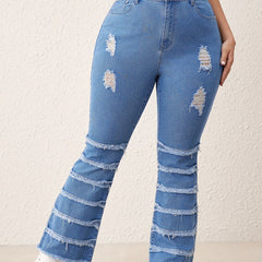 Casual Ripped Flare Jeans High Rise Button Fly Fringe Trim