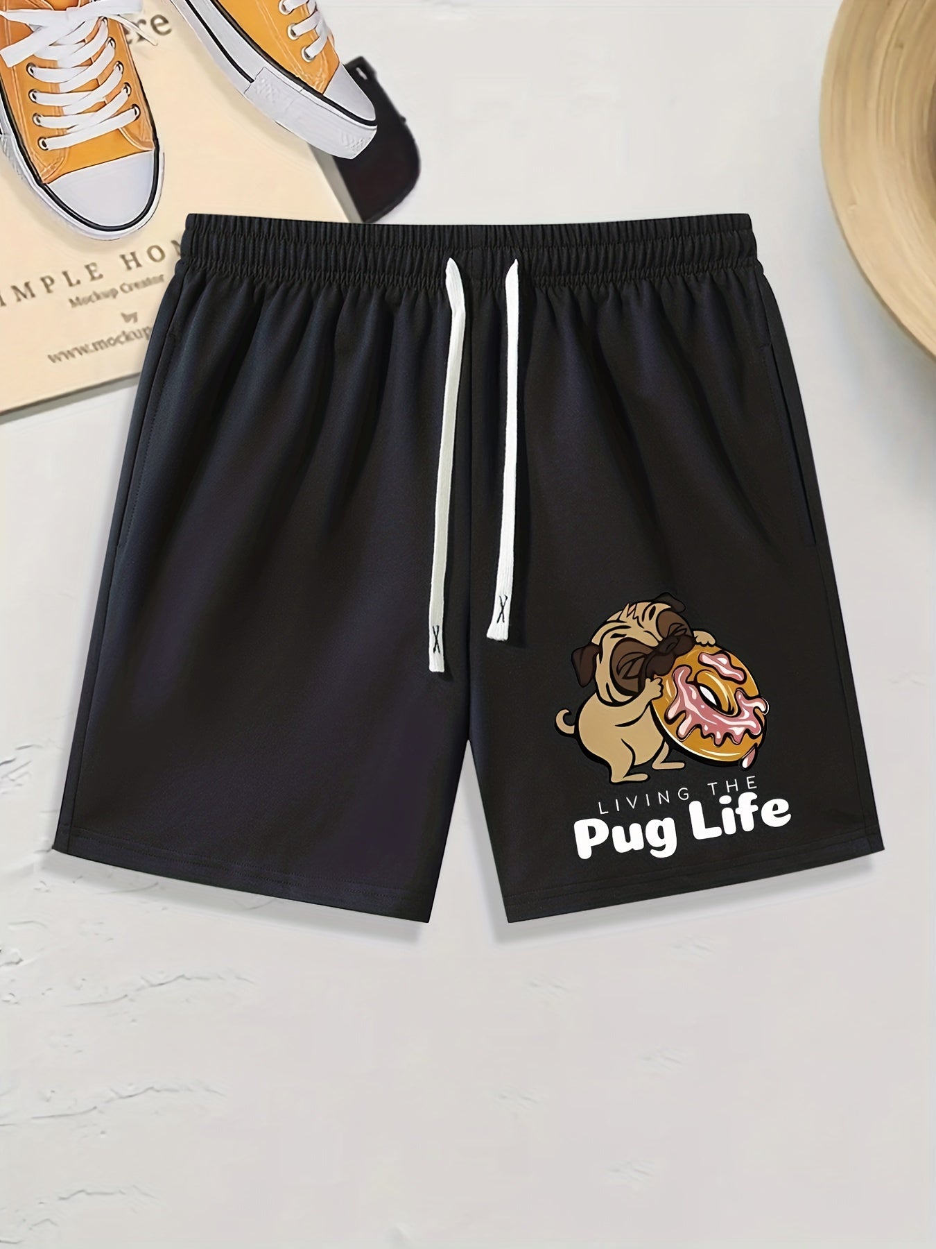 Men's Comfy Pug Life Print Drawstring Shorts for Summer
