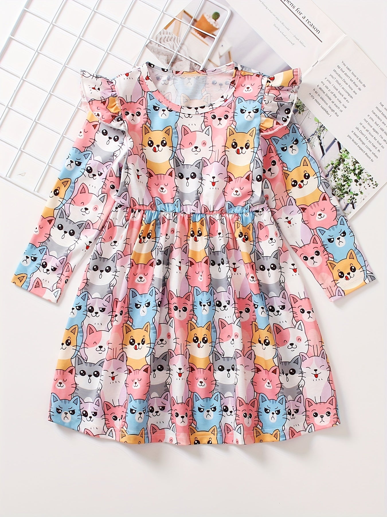 Girls Kitty Ruffle Long Sleeve Dress for Spring and Autumn